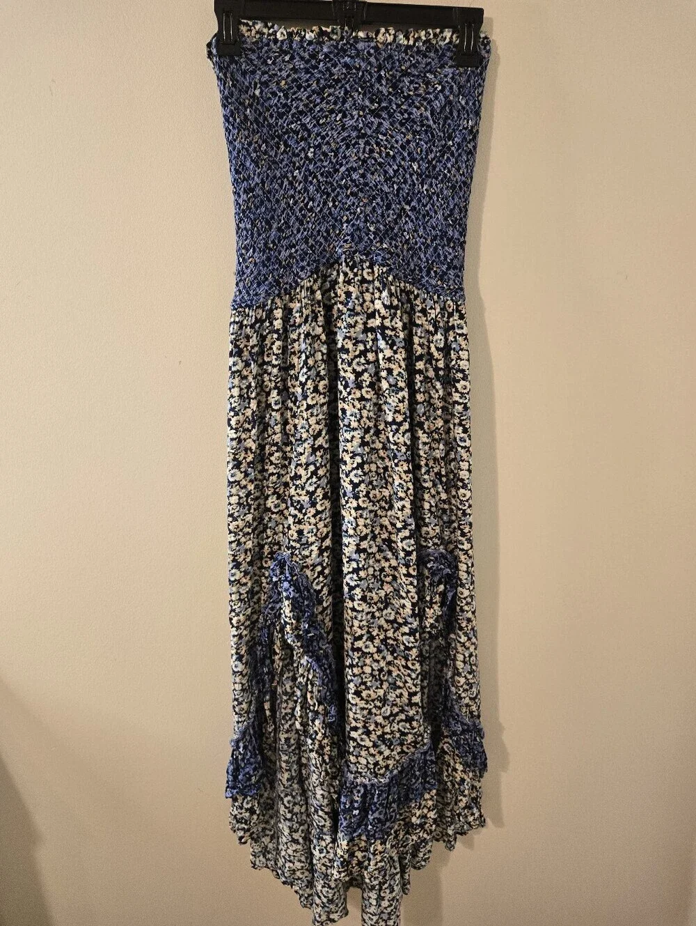 Free People Dress LARGE One I Love in Denim Combo Floral Midi Sundress Boho